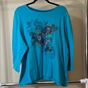 Nicole Miller Teal Floral Long Sleeve Top